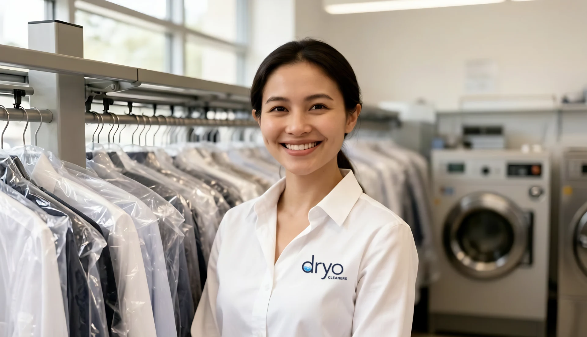 Premier Cleaners team member at the storefront counter