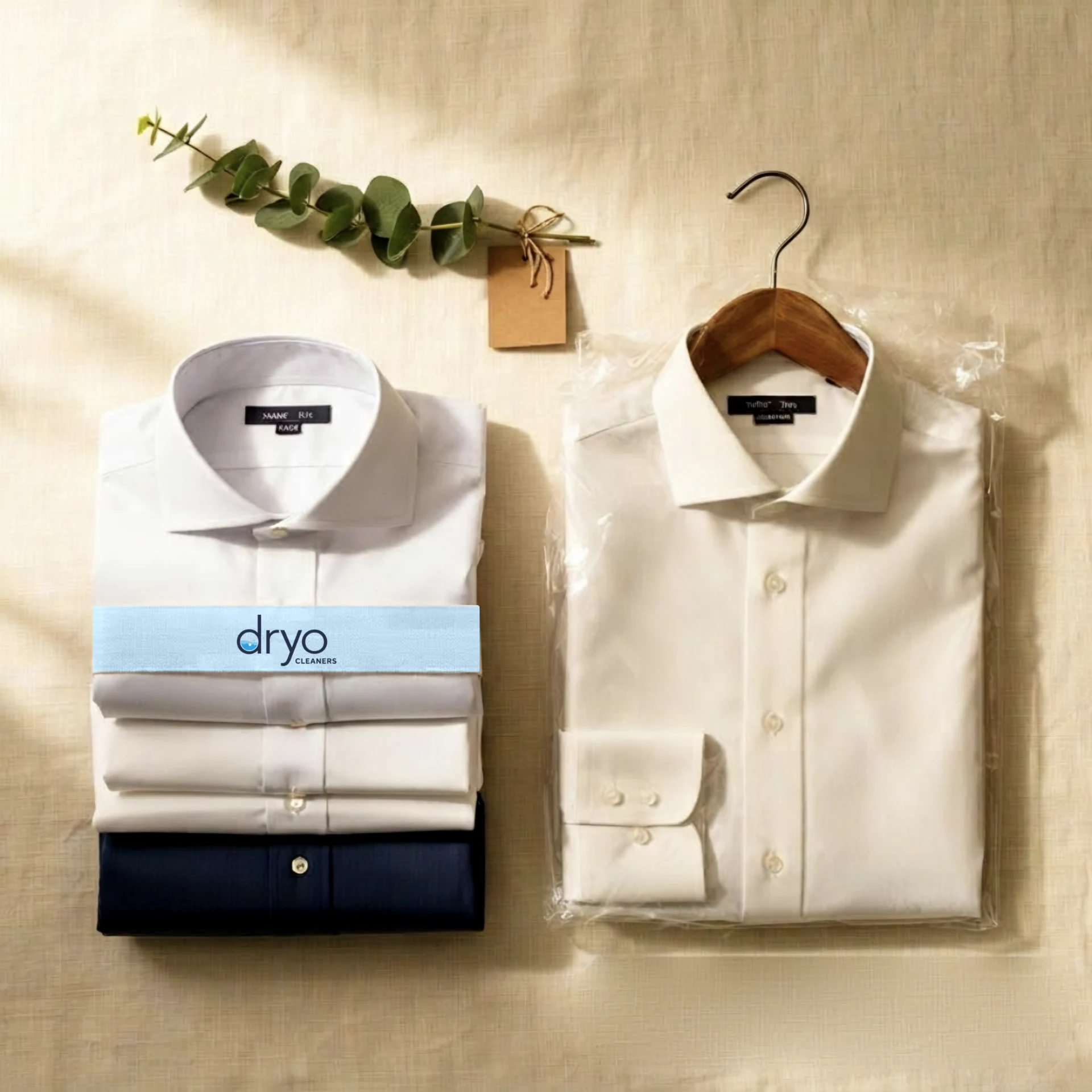 Folded dress shirts with Dryo Cleaners banded label on cream linen